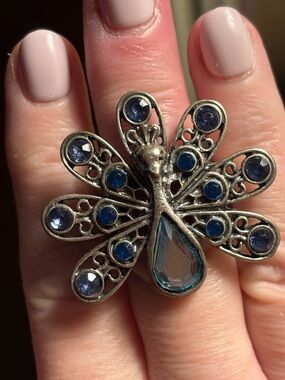 Silver-tone Peacock Statement Ring with Blue Gem Accents NFS